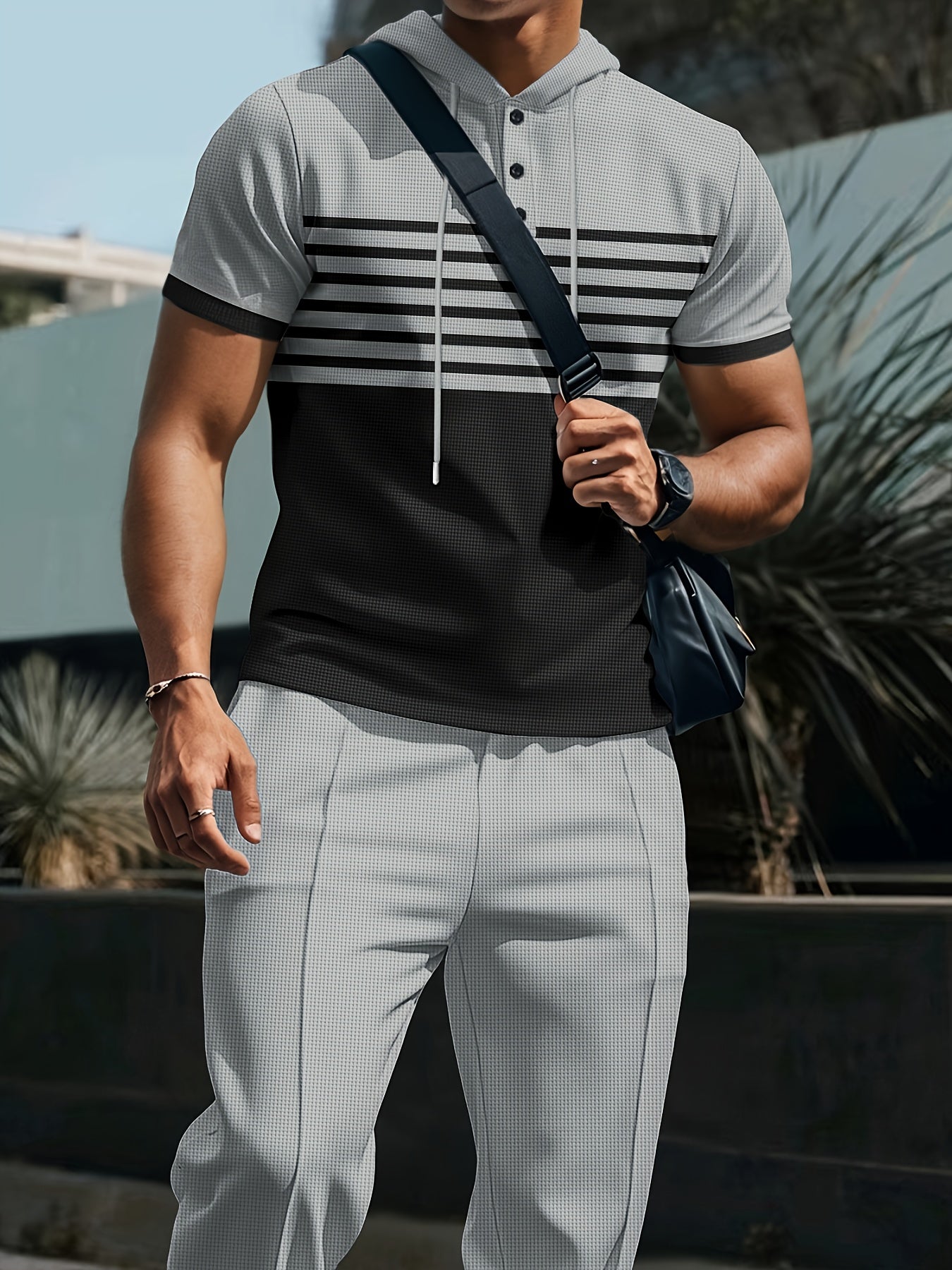 Men'S Summer Casual Sportswear Set, Striped Patchwork Short Sleeve, Polyester Material, Suitable for Leisure and Sports Outings, Fashionable and Trendy, with Drawstring Belt and Pockets, Ideal for Summer Activities, Hooded Sh