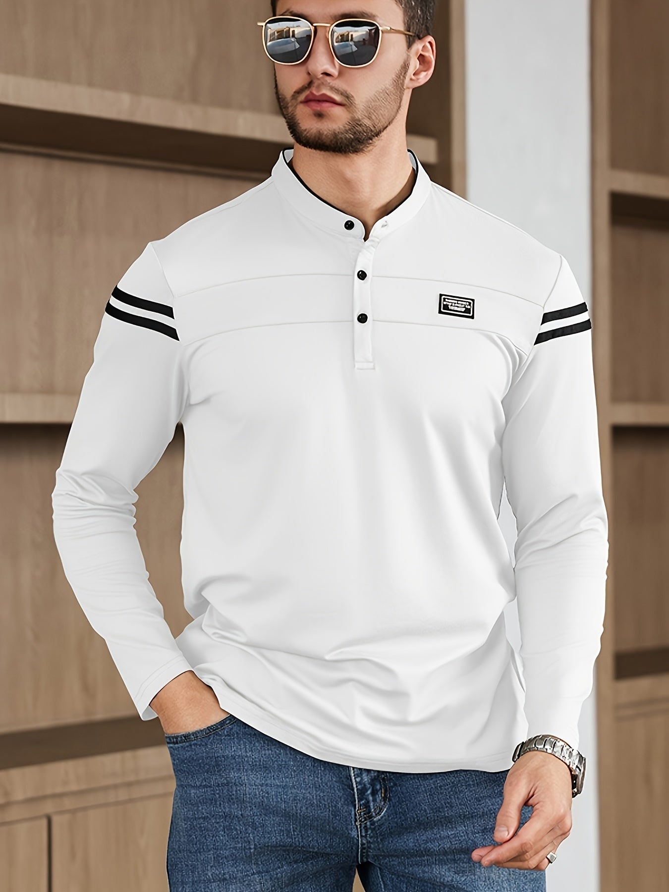 Men'S Casual Long Sleeve T-Shirt - Solid Color with Stand Collar  Stripe Polo, Button-Up Front, Ideal for Outdoor Activities