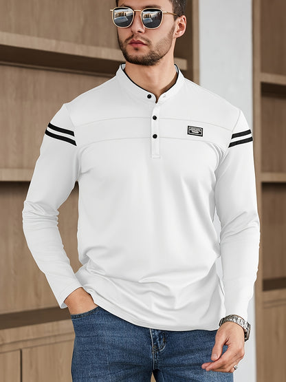 Men'S Casual Long Sleeve T-Shirt - Solid Color with Stand Collar  Stripe Polo, Button-Up Front, Ideal for Outdoor Activities