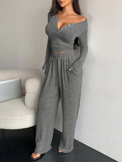 Elegant Fall/Winter Slim-Fit Cropped Top & Wide-Leg Pants Set - ayq