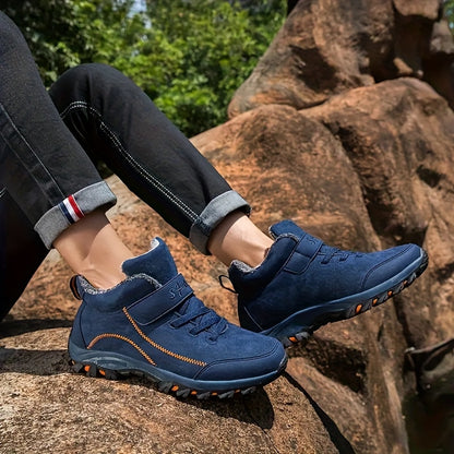 Durable Anti-Slip Men's Winter Snow Boots - Fleece-Lined Hiking Ankle Boots with Hook-and-loop Fastener Closure and Rubber Sole for Outdoor Adventures, Black