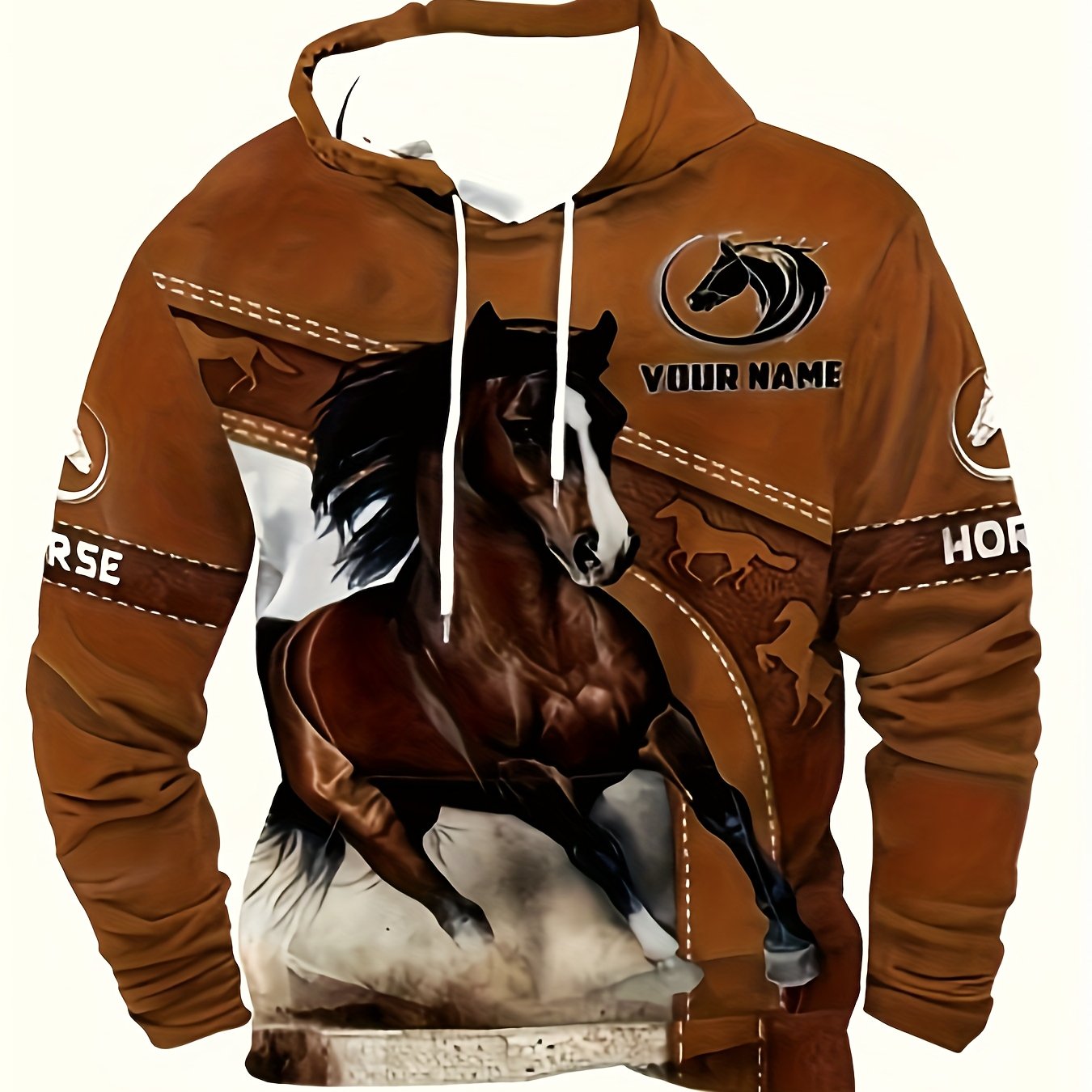 Men's Western Horse Print Hooded Sweatshirt - 3D Horse & Cowboy Design, Brown/Beige Casual Pullover, Warm Winter Sweater for Equestrian Events & Casual Attire, Machine Washable, Ideal Gift for Horse Lovers