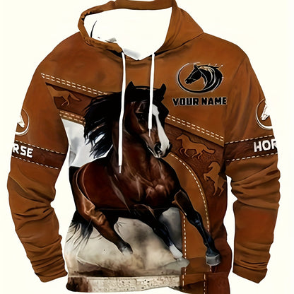 Men's Western Horse Print Hooded Sweatshirt - 3D Horse & Cowboy Design, Brown/Beige Casual Pullover, Warm Winter Sweater for Equestrian Events & Casual Attire, Machine Washable, Ideal Gift for Horse Lovers