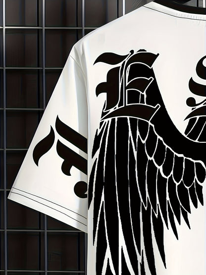 Men's Summer Fashion 2pcs Set: Gothic Wings Print T-Shirt & Shorts - Casual Beachwear, Athletic Loungewear, Machine Washable