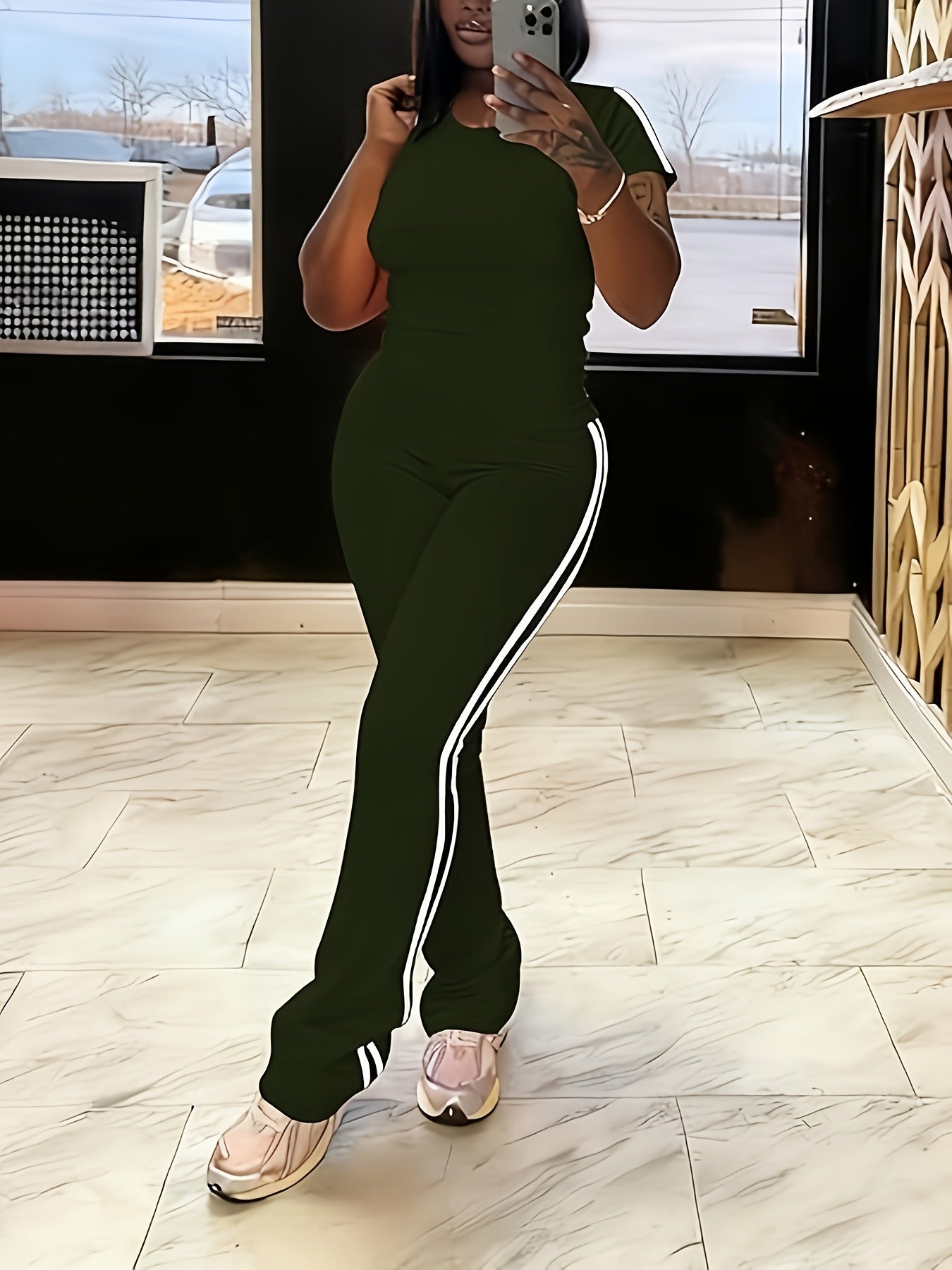 Sla Yue Lingshan Spring/Summer Solid Color Striped 2pcs Set, Women's Short Sleeve Flared Pants Suit, Slim Fit Swear, Casual Loungewear, High-Waist Slightly Flared Long Pants