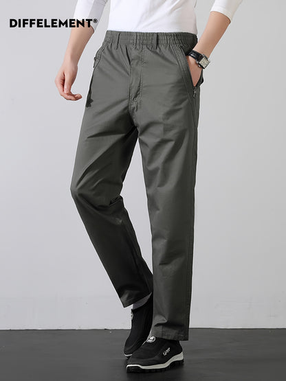 Men's Cotton Casual Trousers with Elastic Waist and Zipper Pockets