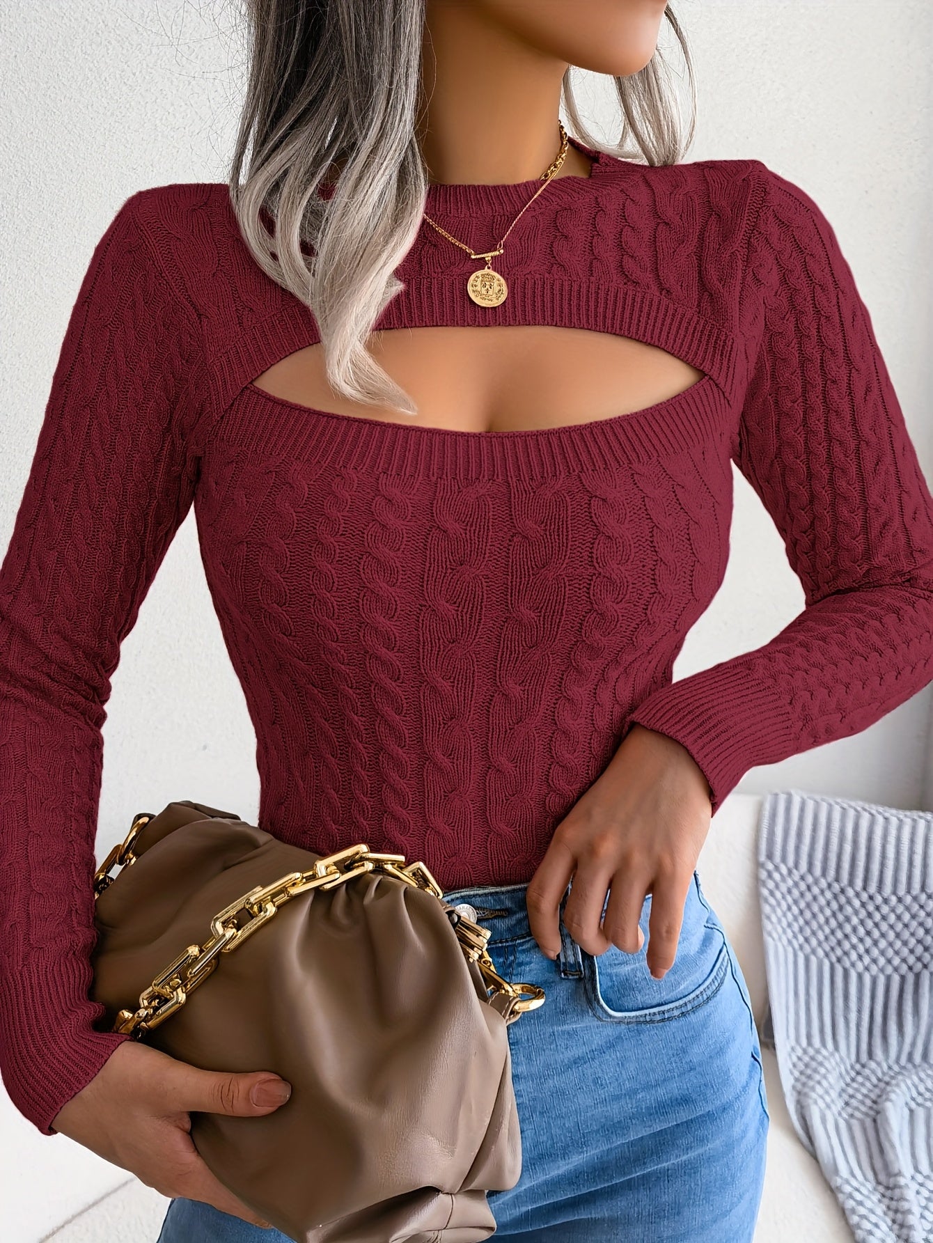 Women's Elegant High-Stretch Cable- Sweater - Long Sleeve Round Neck Pullover with Lace-Like Cut-Outs, Slim Fit Solid Black Top for Spring & Fall, Casual to Semi-Formal Wear, Cute Sweaters, Fall Wardrobe Essential, Sophistica