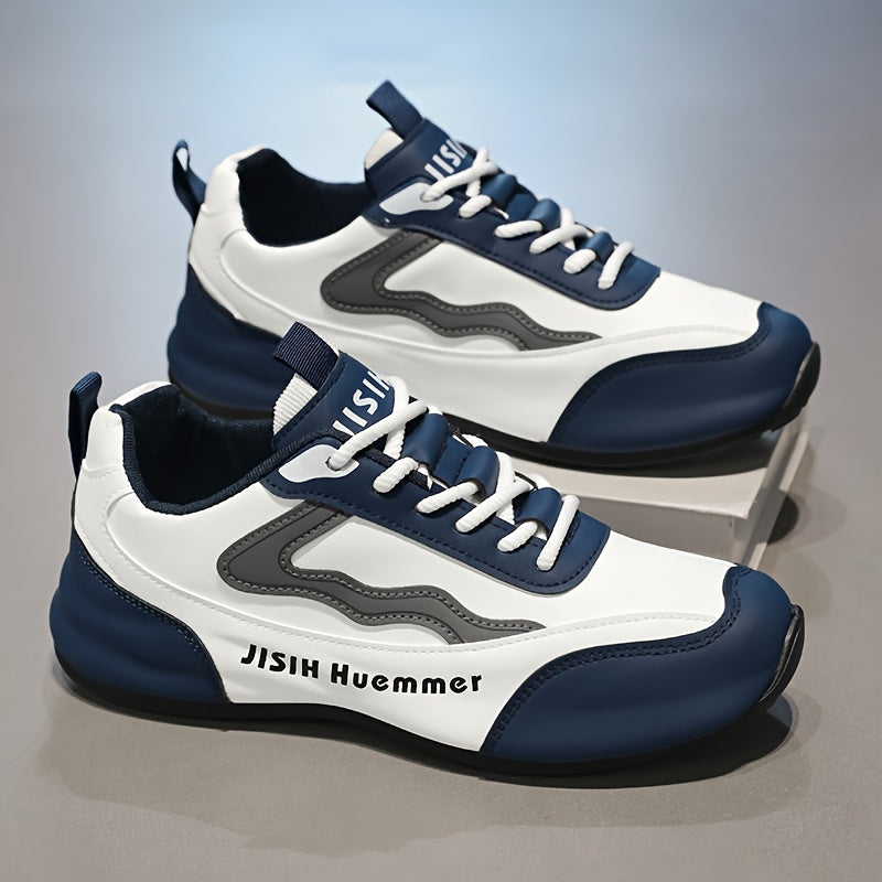 Men's Breathable Color-Block Low-Top Running Shoes - White  Navy Blue Contrast Design, Durable PU Upper  PVC Sole, All-Season Non-Slip Traction for Gym, Jogging, Casual Wear, Jogging Footwear   Sporty Look   Fabric Lined In