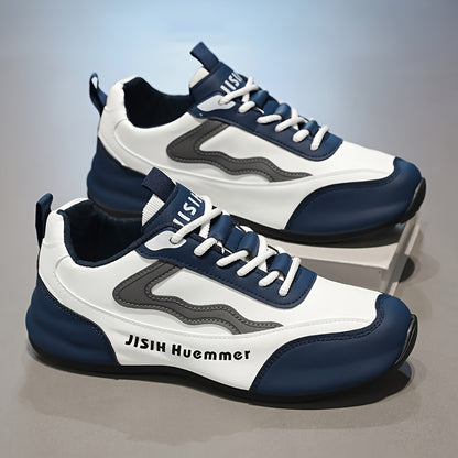 Men's Breathable Color-Block Low-Top Running Shoes - White  Navy Blue Contrast Design, Durable PU Upper  PVC Sole, All-Season Non-Slip Traction for Gym, Jogging, Casual Wear, Jogging Footwear   Sporty Look   Fabric Lined In