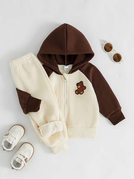 Boys' Fall Hoodie Set with Bear Patch and Casual Pants - ayq