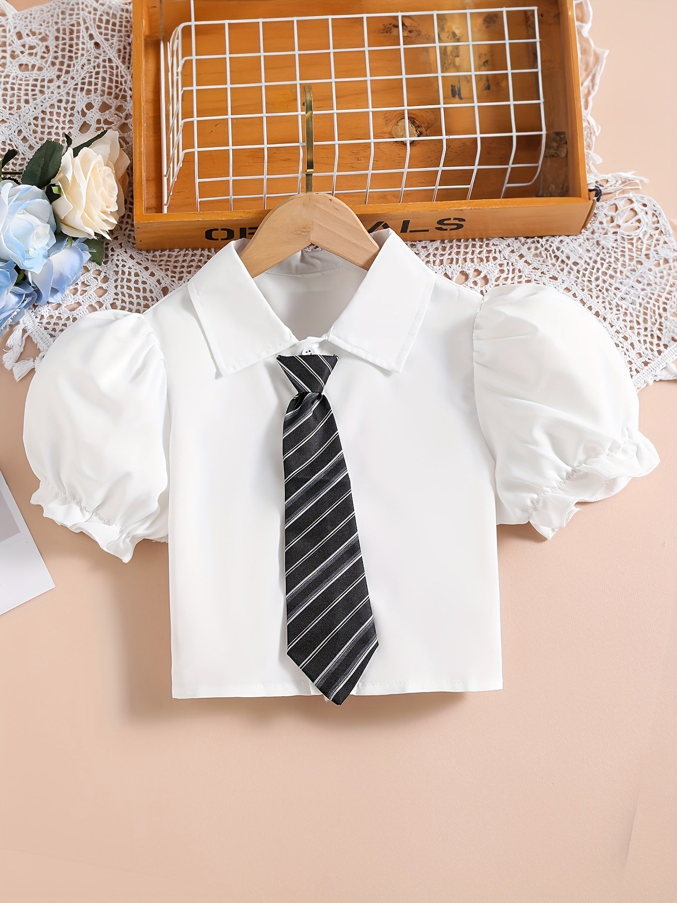 Girls' Preppy Fit and Flare Dress with Puff Sleeve Shirt Set