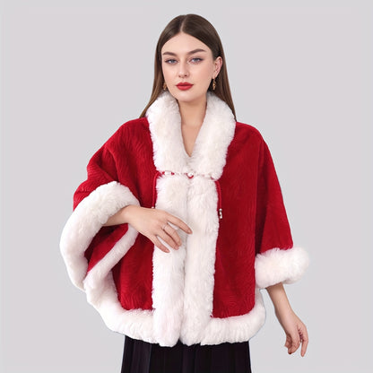 Festive Shawl Wrap with Faux Fur Trim and Pearl Accents - 100% Polyester Christmas Poncho Cape for Party and Wedding, Warm Decorative Inelastic Shawl for Winter, Hand Washable