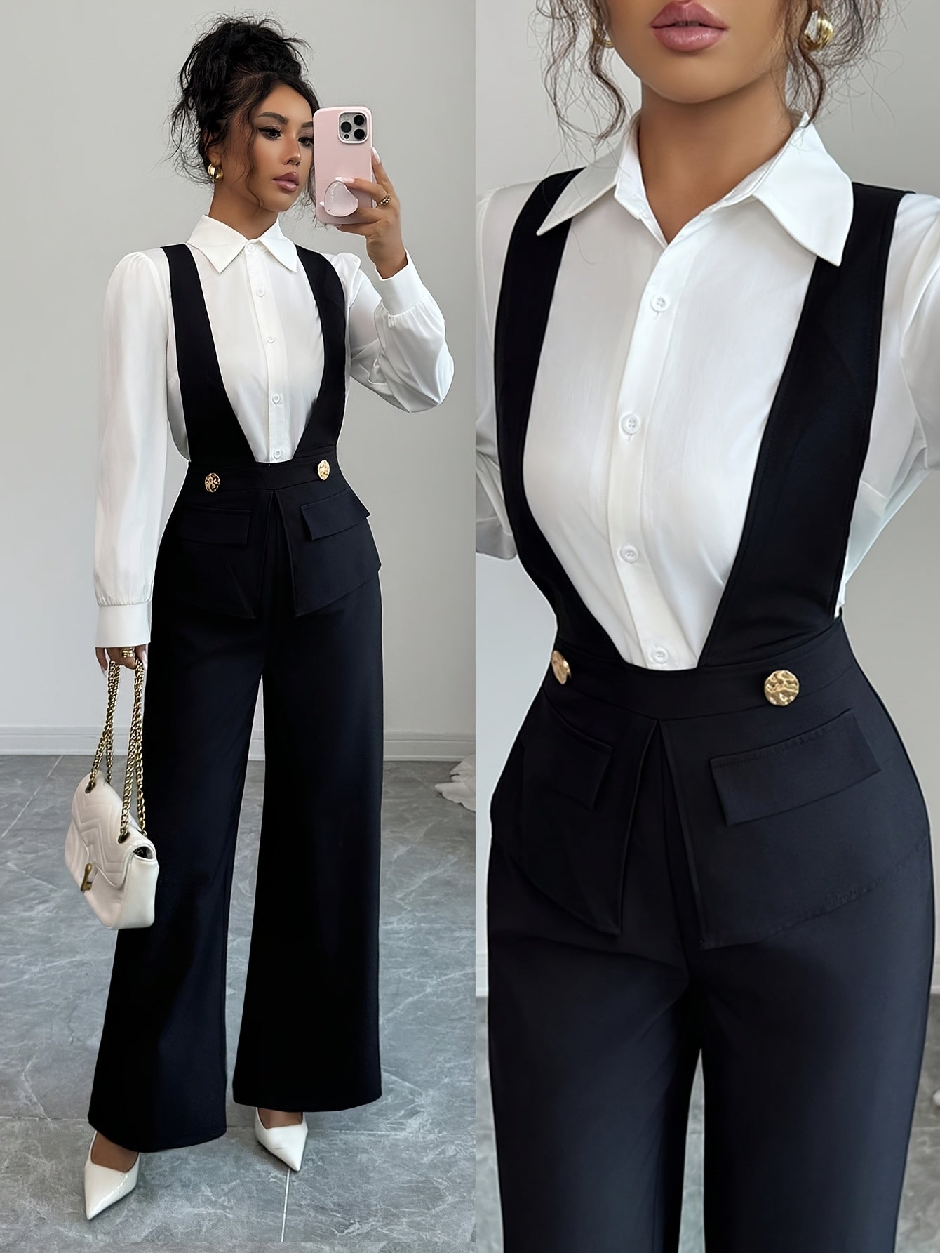 Women's Elegant Black Deep V-Neck Polyester Jumpsuit