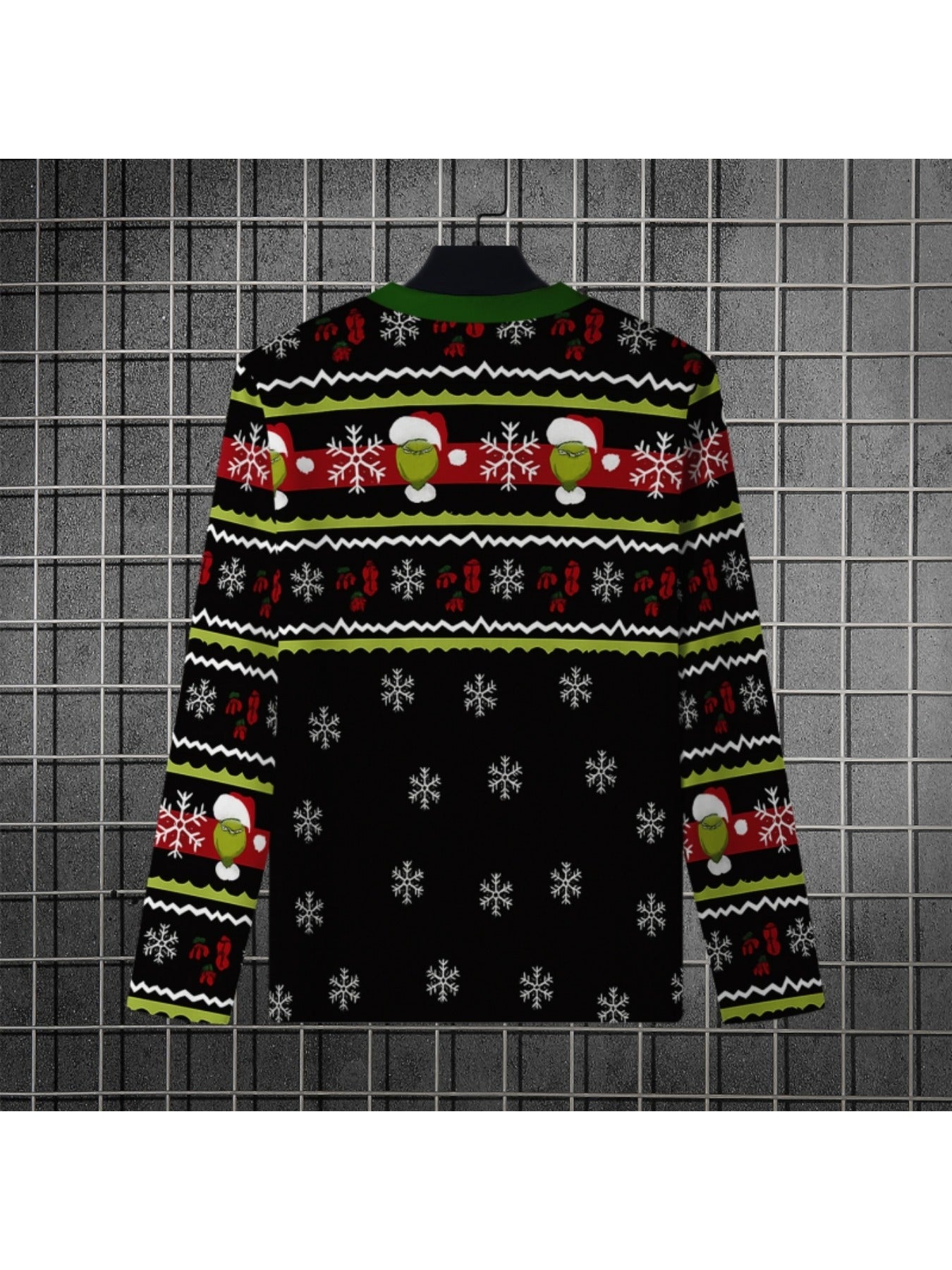 Men's Christmas & Halloween Novelty Sweater Shirt - Long Sleeve Green/Yellow/Golden Sweater Vest-like Top with Santa, Reindeer & Snowflake Patterns, Machine Washable Casual Party Outfit for Xmas, New Year's Events (Regular Fi
