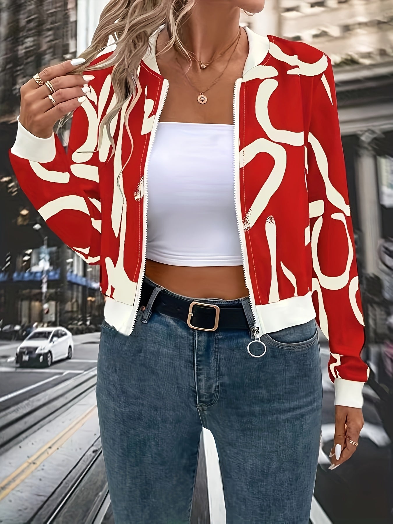 Women'S Stylish Black & White Abstract Print Zip-Up Cardigan Jacket - Casual Long Sleeve Pullover with Belted Waist, All-Season Wear, Casual Attire Jacket|Modern Casual Jacket|Zippered Jacket