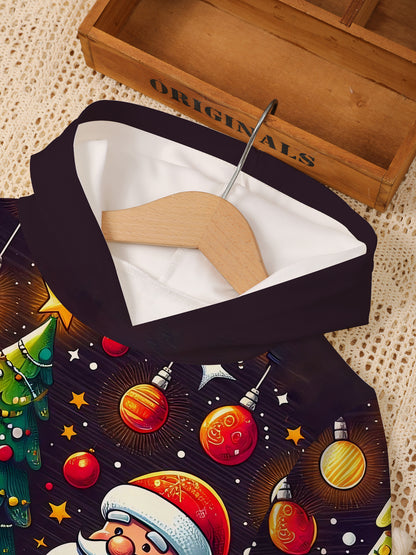 2pcs Boys' Christmas & New Year 2-in-1 Hoodie Set with Santa & Reindeer 3D Print - Warm Winter Outfit, Matching Sweater & Pants for Kids, Holiday Party (Hand Washable) - Festive Boys Clothing, Perfect for Outdoor