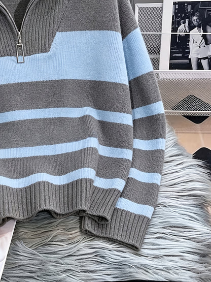 Women's Striped Zip-Up Sweater with Thickened Inner Layer
