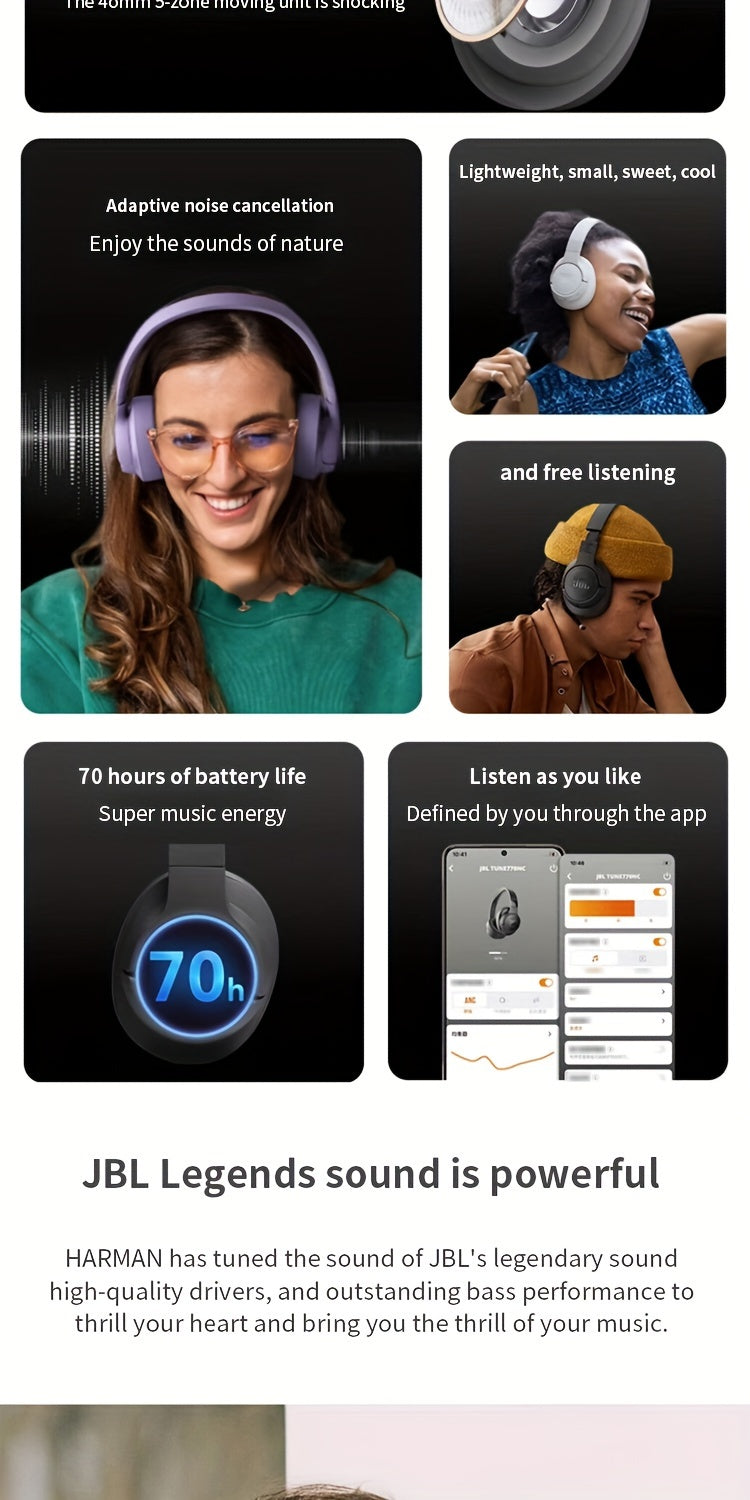 JBL TUNE770NC Wireless Noise Canceling Headphones, Active Noise Cancellation Gaming and Computer Headset for General Use, Sports, Running, Outdoor, Study, High-Quality Earphones with Built-in Microphone