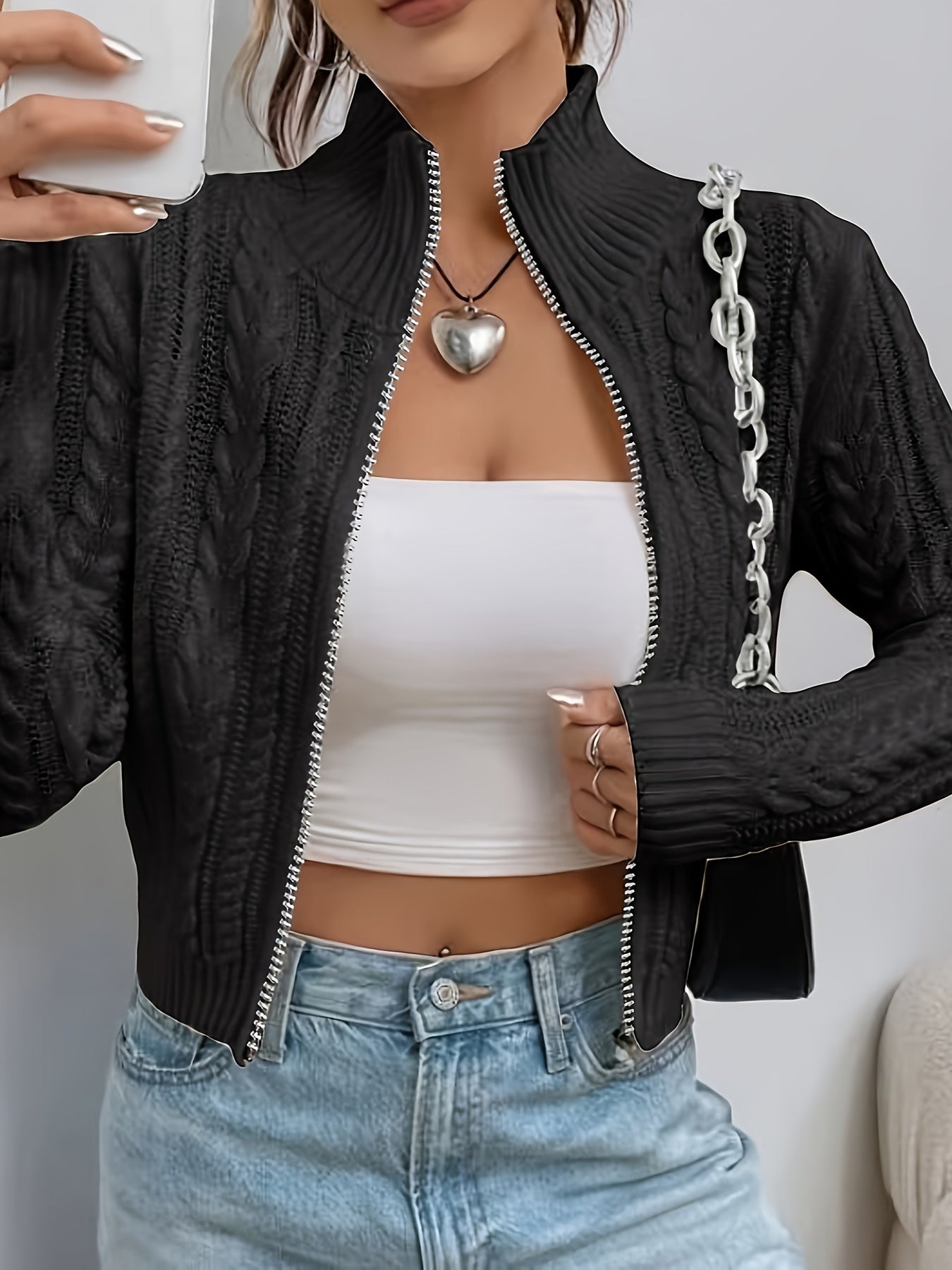 Women's Elegant Zip-Up Cable Cardigan with Stand Collar - Machine Washable Spring/Fall Jacket, White Solid Color, Braided Design & Zipper Front for Casual or Dressy Outfits, Cardigan Sweater, Autumn Layering Piece, Spring Out