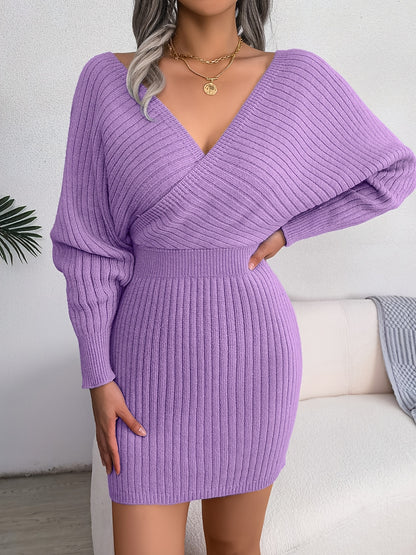 Sexy Cross V Neck Bodycon Sweater Dress, Batwing Sleeve Solid Criss Cross Neck Cross Sexy Dresses, Women'S Clothing