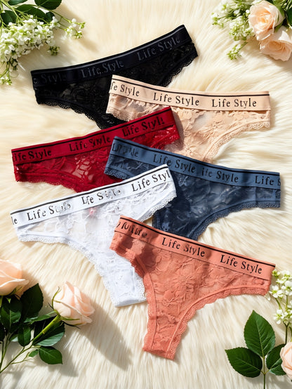 6-Pack Women's Lace Low Rise Thong Underwear - Comfortable & Sexy