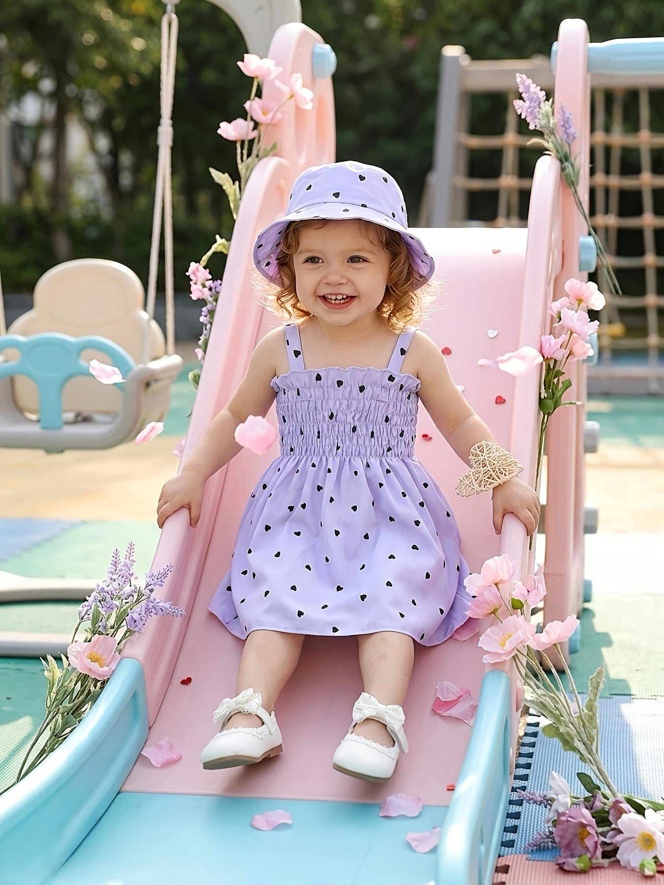 Girls' Sleeveless Heart-Print Dress & Hat Set for Summer 0-3 Years