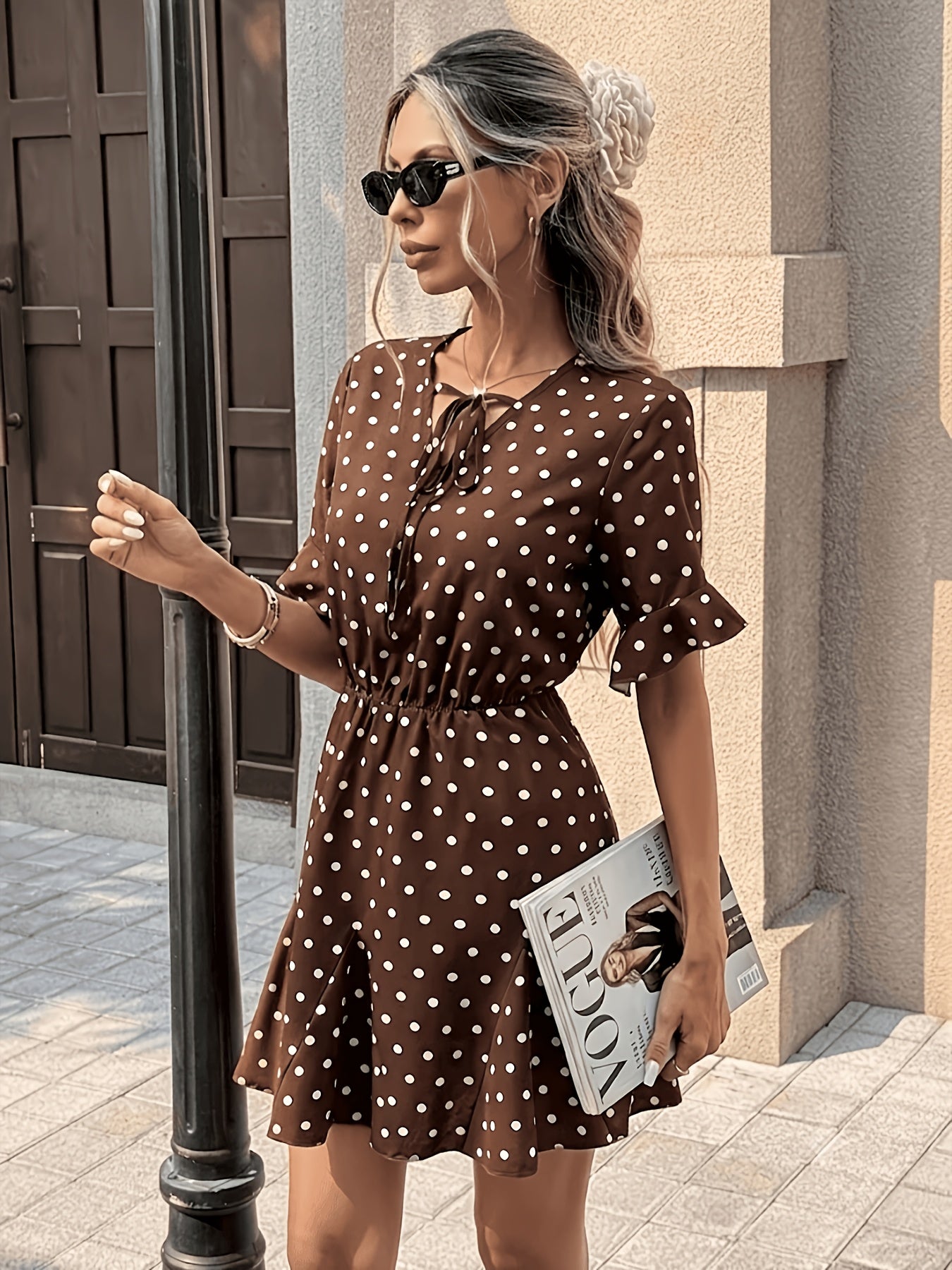 Women's Elegant French-Style Polka Dot Midi Dress with Ruffle Sleeves