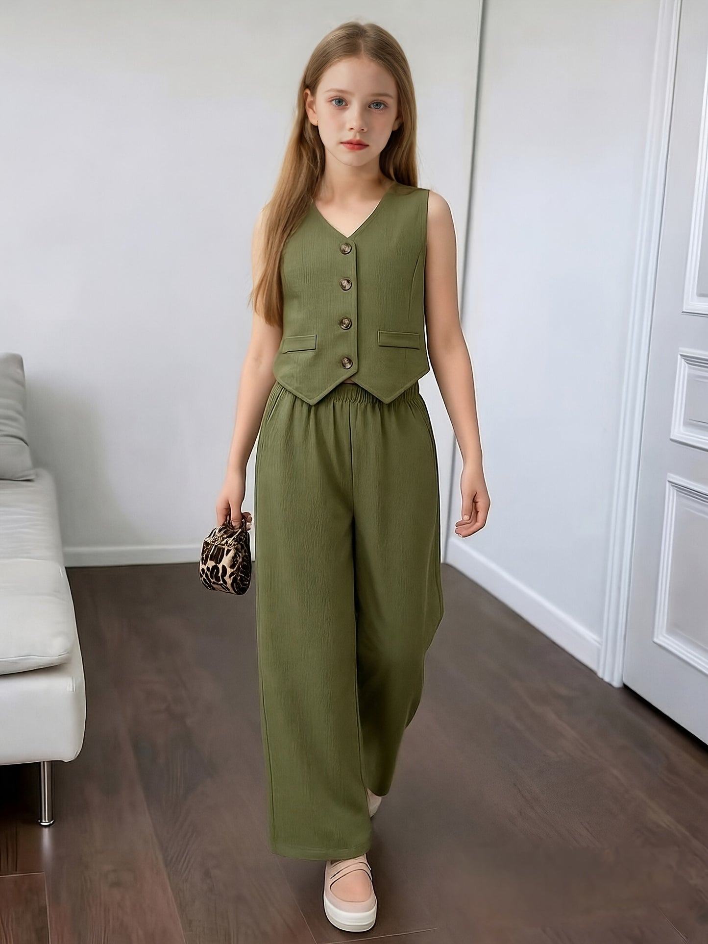Girls' Army Green Sleeveless Vest & Wide Leg Pants Set