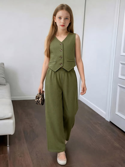 Girls' Army Green Sleeveless Vest & Wide Leg Pants Set