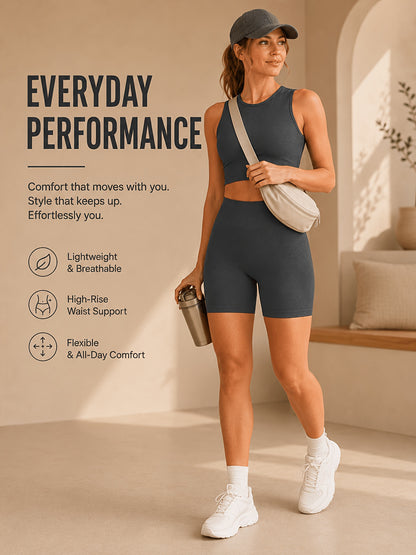 Women's Seamless Ribbed Cropped Tank & Butt-Lifting Yoga Shorts