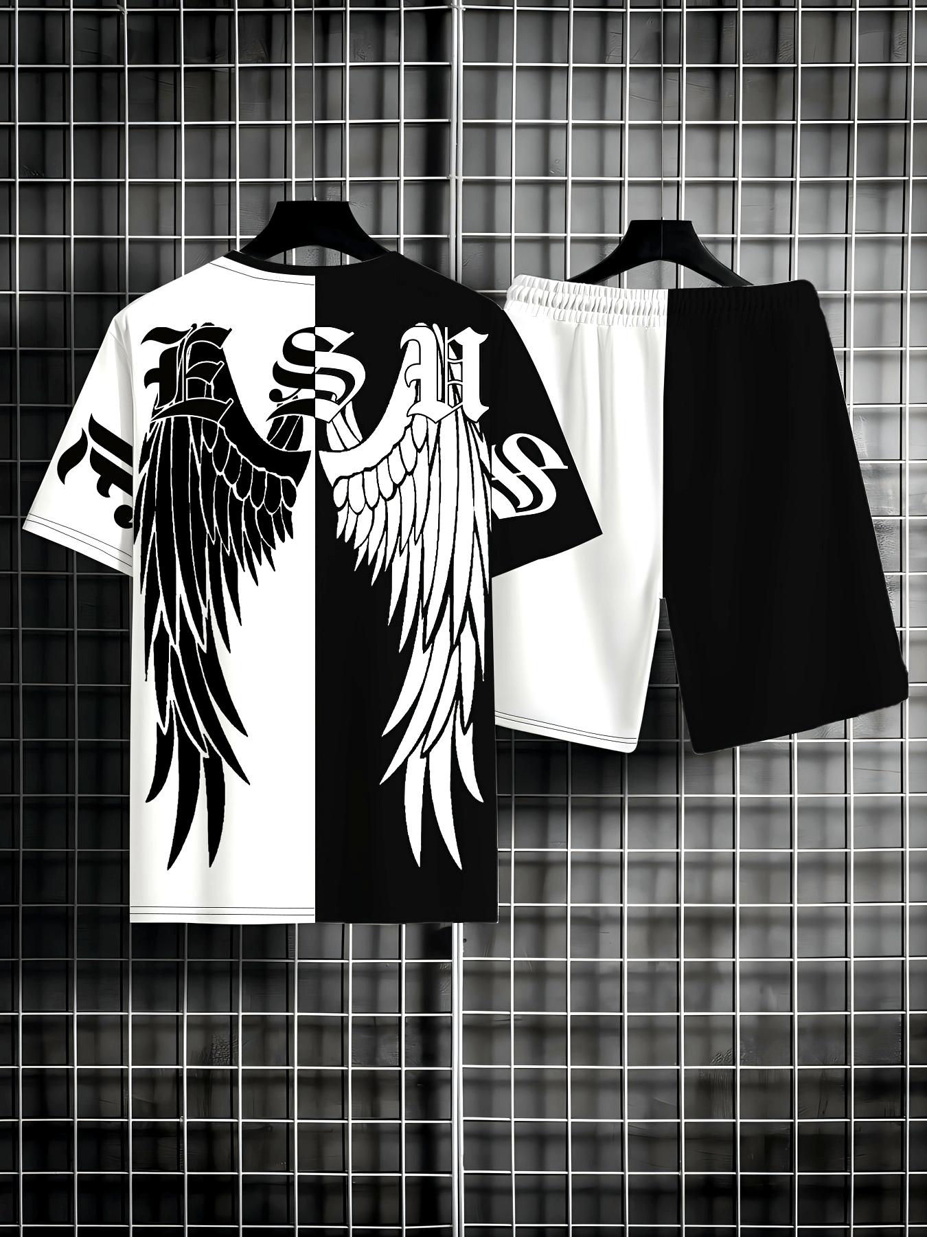 Men's Summer Fashion 2pcs Set: Gothic Wings Print T-Shirt & Shorts - Casual Beachwear, Athletic Loungewear, Machine Washable