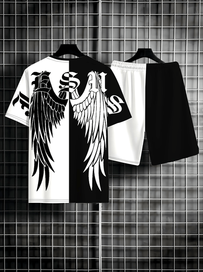 Men's Summer Fashion 2pcs Set: Gothic Wings Print T-Shirt & Shorts - Casual Beachwear, Athletic Loungewear, Machine Washable