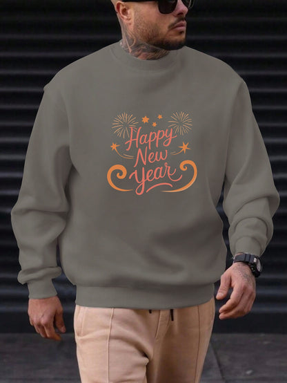Men'S Happy New Year Sweatshirt - Light Grey with Orange Lettering - Regular Fit Crewneck Pullover for New Year'S Eve, NYE Parties & Casual Attire - Non-Permanent Celebration Sweater for Everyday & Special Occasions, New Year