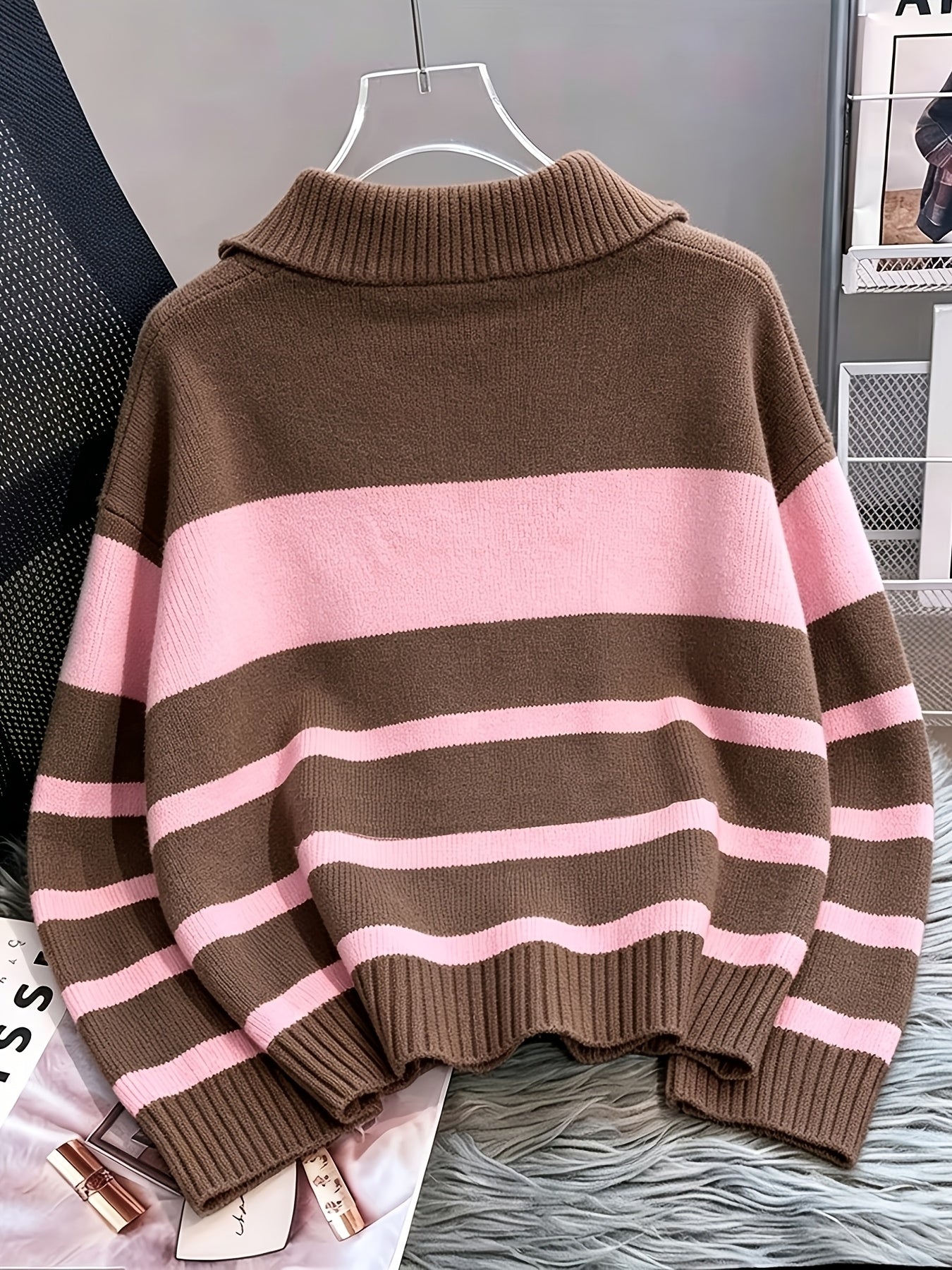 Women's Striped Zip-Up Sweater with Thickened Inner Layer