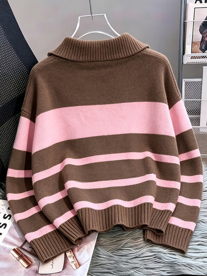 Women's Striped Zip-Up Sweater with Thickened Inner Layer