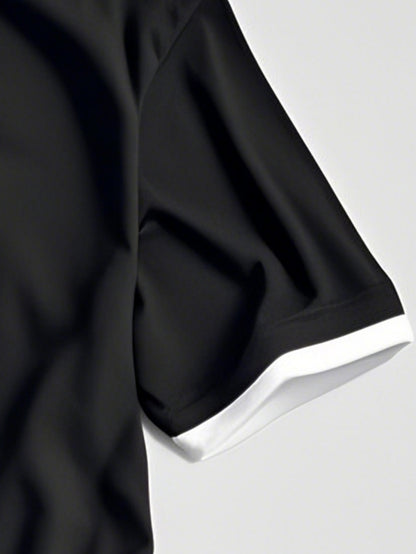 Men's Classic Summer Casual Short Sleeve T-Shirt - Black with White Trim, Round Neck, Stretch Fabric, Comfortable  Stylish for Casual Attire, Twiceiquest Fashion   Faux Twopiece   Smooth Texture