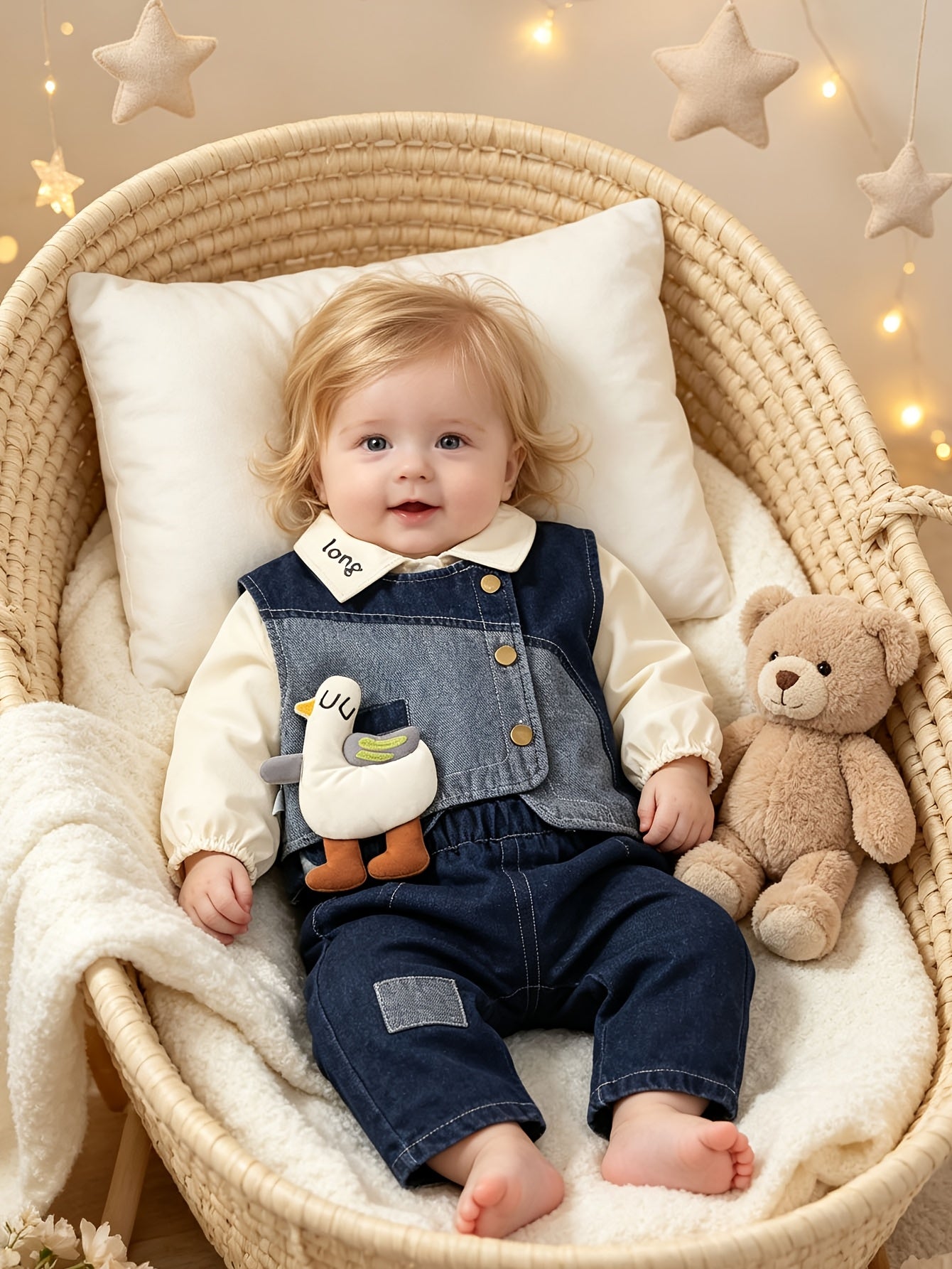 Unisex Baby Denim Vest Shirt & Long Pants Set for Spring Fall