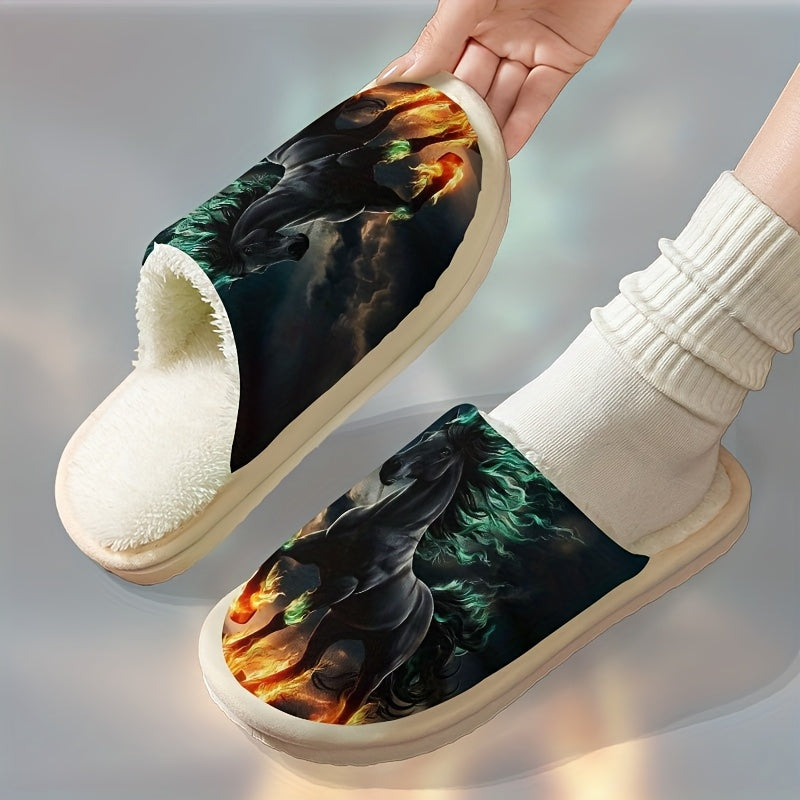 Men'S & Women'S Plush Slip-On Slippers - Winter Warmth with Horse & Flame Design, Soft Plush Lining & EVA Sole, Indoor House Shoes for Home, Office