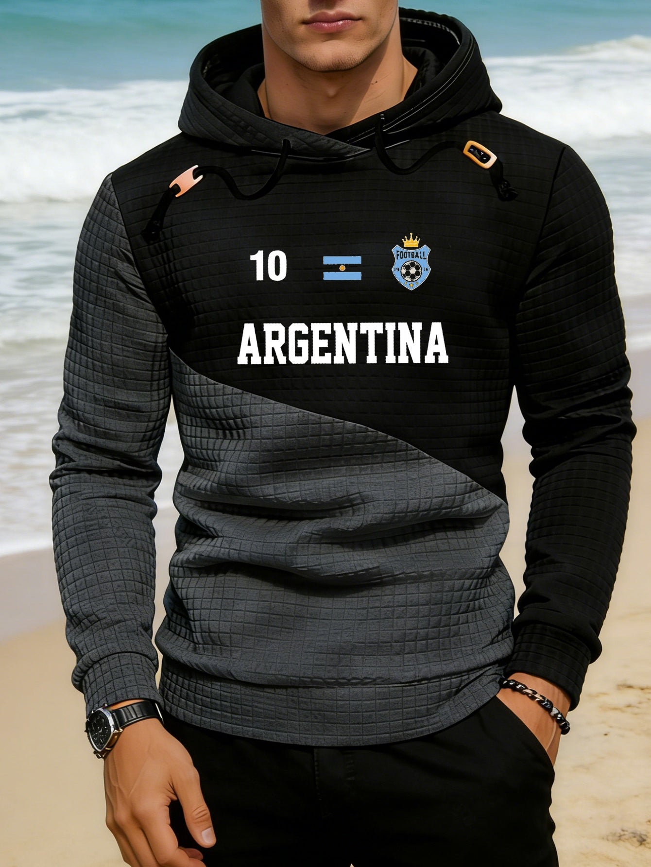 Men's Casual Hoodie with Argentina Football Emblem, Polyester