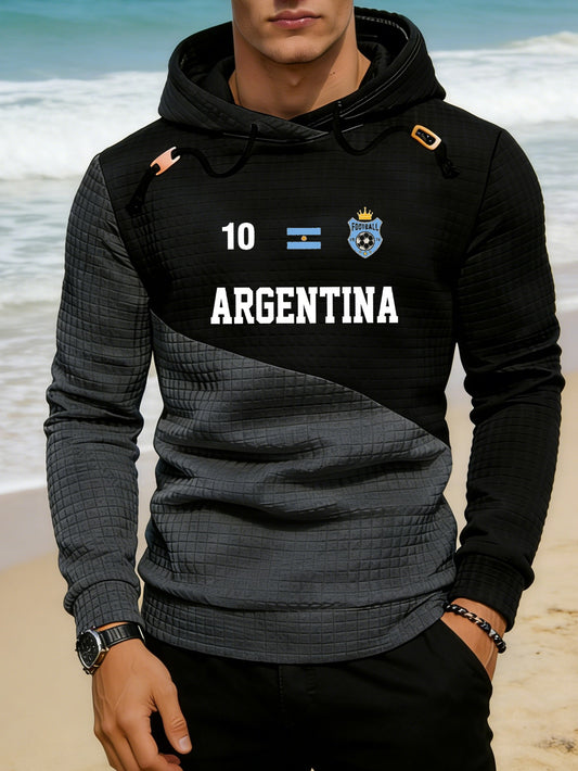 Men's Casual Hoodie with Argentina Football Emblem, Polyester