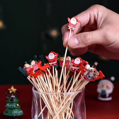 100pcs Festive Christmas Fruit Skewers with Santa, Reindeer, Snowflake & Tree Designs - Disposable Bamboo Picks for Parties, Desserts, Cocktails & Hamburgers, Christmas Dessert Decorations, Durable Fruit Skewers