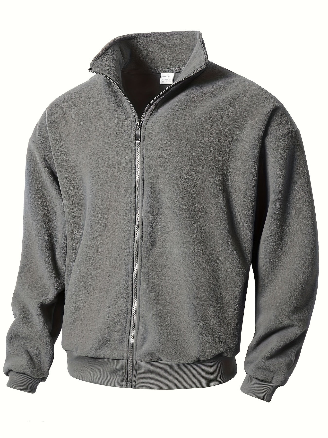 1pc Men'S Casual Sports Fleece Jacket - Solid Color Polyester Knit with Slight Stretch, Stand Collar, Long Sleeve, Regular Fit, Zipper Closure, Daily & Casual Wear