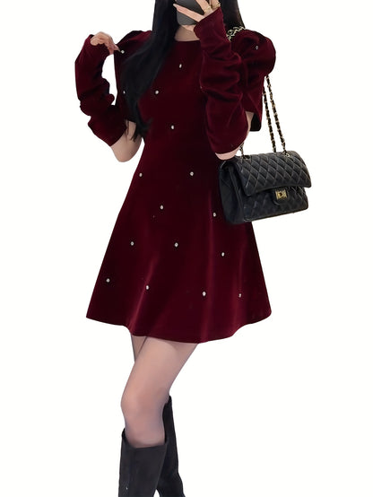 Women'S Elegant French Dress - Chic Office to Party Outfit, Back Zipper Closure, Flattering Fit for Fall/Winter, Everyday & Formal Events - Women'S Dresses for Women, Winter Fashion, Rhinestone Embellishment, Comfortable Fabr