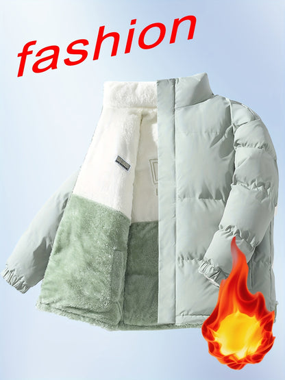 Men'S Double-Sided Fleece-Lined Thickened Jacket - Casual Stand Collar with Letter Print, Regular Fit, Pockets, Polyester Fill, Versatile for Fall/Winter, Winter Jacket