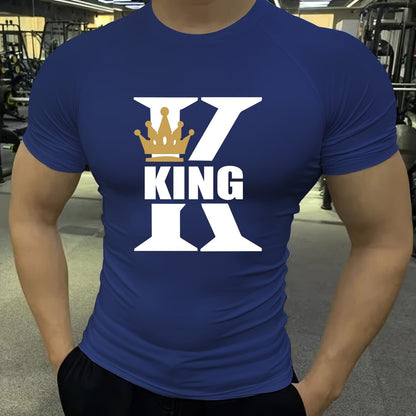 Men'S High-Elastic Breathable Short Sleeve Athletic Shirt - Summer Running  Training Top with "KING" Crown Print, High Stretch Microfiber, White, Gym Wear   Bold Design   Subtle Sheen Finish, Gym Wear Shirts
