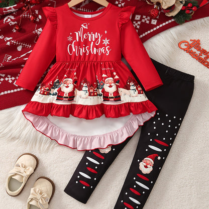 2pcs Girls' Long Sleeve Christmas Santa Claus Letter Print Irregular Skirt + Pants Set, Holiday Outfit, Seasonal Clothing, Festive Design, Elegant Style, Quality Stitching, Comfortable Fit, Twopiece Outfit, Matching Set, Holi