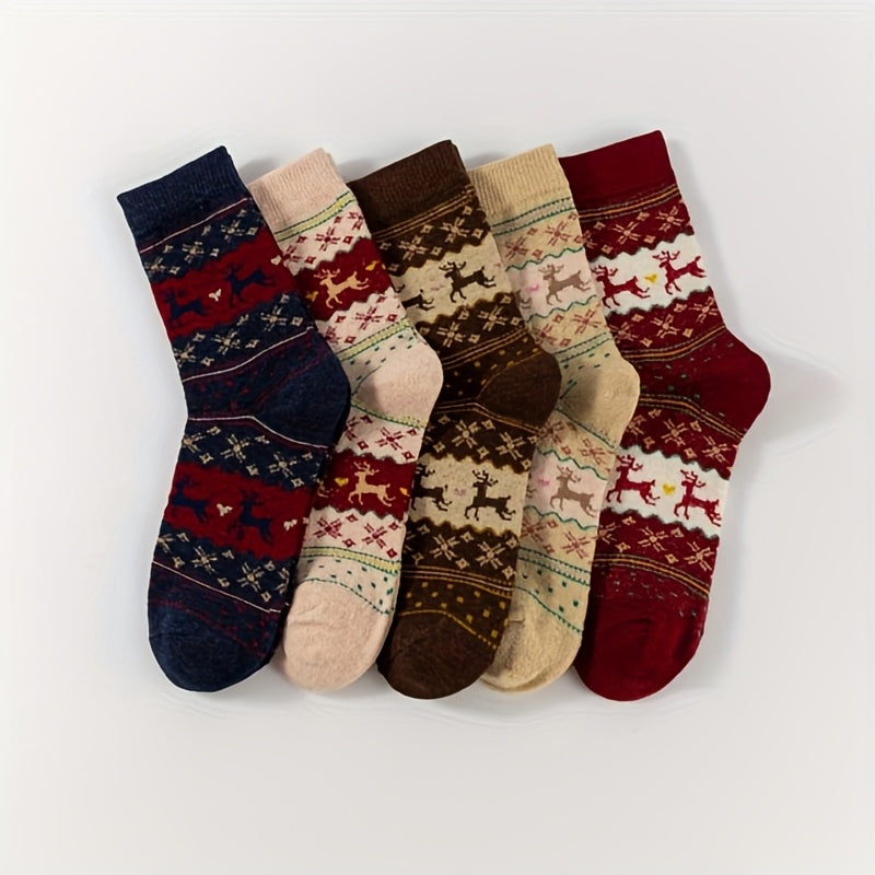 6pcs/3pairs Reindeer Print Thick Socks, Comfortable and Warm Christmas Mid-Calf Socks, Unisex Socks, Christmas Socks, Festive Socks, Cozy Socks, Warm Winter Socks