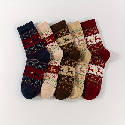 6pcs/3pairs Reindeer Print Thick Socks, Comfortable and Warm Christmas Mid-Calf Socks, Unisex Socks, Christmas Socks, Festive Socks, Cozy Socks, Warm Winter Socks