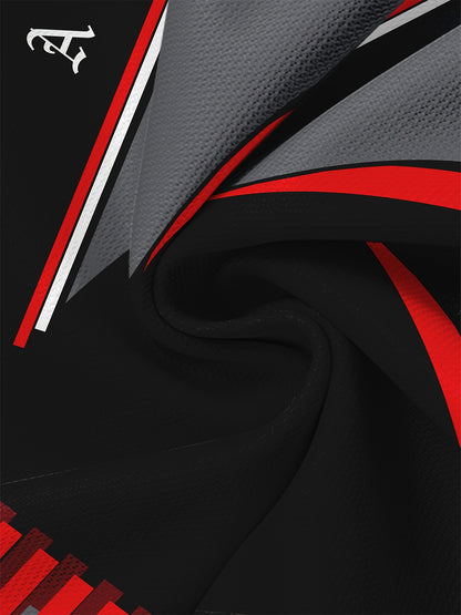 Men's Black 3D Geometric Print T-Shirt – Casual Short Sleeve Summer Tee with Red  Gray Accents, Round Neck, Machine Washable for Outdoor Sports, Everyday Comfort, Durable Fabric
