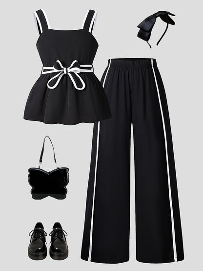 Girls' Elegant Black & White Sleeveless Tank Top with Wide-Leg Pants S